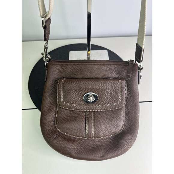 Coach Pebbled Leather Crossbody Bag Purse Turn Lock Pocket Canvas Strap - Picture 1 of 8